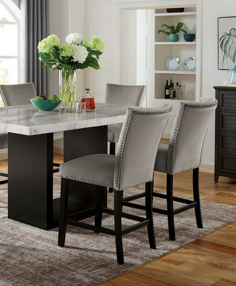 Genuine Marble Top Table w 6x High Chairs Light Gray Flannelette Upholstered Chair Counter Height Dining Room 7pc Set Furniture - sold by Home Elegance USA