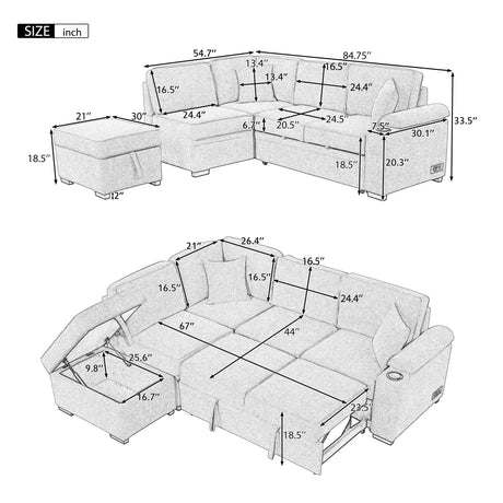 Green Velvet Sleeper Sofa Bed with Storage Ottoman, L Shape Pull Out Couch for Living Room and Bedroom - sold by Home Elegance USA