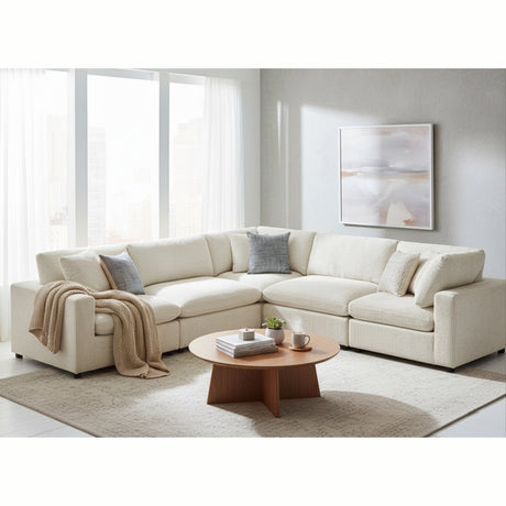 Chelsea Modular 5-Piece Sectional in Beige with Plush Polyester Upholstery and Solid Wood Legs - sold by Home Elegance USA