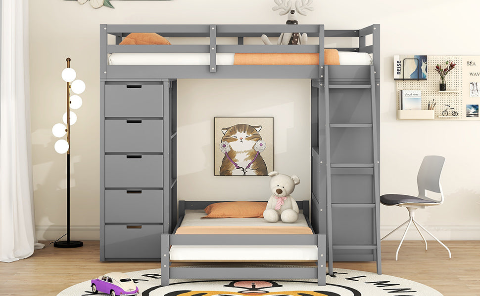 Twin over Twin Bunk Bed with LED Light and USB Ports, Gray - Home Elegance USA