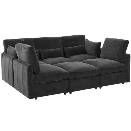 Modern Modular Sofa 85.4' U-shaped Sofa Bed with Movable Ottoman, USB Ports, Phone Holder, Black Chenille - sold by Home Elegance USA