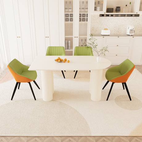 63' medieval modern cream style MDF dining table and green PU dining chair set, 4 sets of black metal leg dining chairs, suitable for kitchen&home - sold by Home Elegance USA