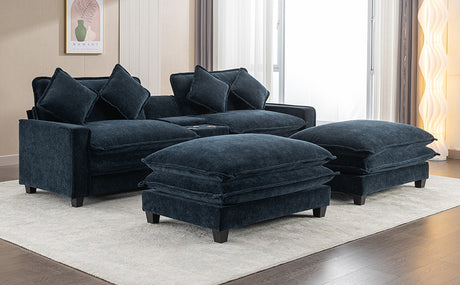 Contemporary Chenille Upholstered Sectional Sofa with Ottomans, USB Ports, Cup Holders & Storage, Blue - sold by Home Elegance USA