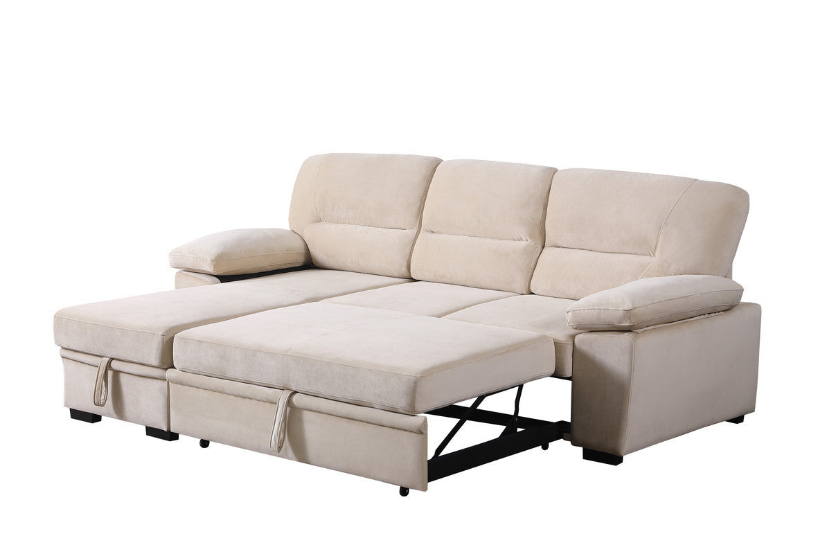 Kipling Beige Velvet Fabric Reversible Sleeper Sectional Sofa Chaise - Home Elegance USA