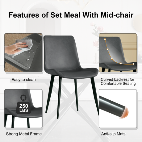 Modern 59-inch Expandable Dining Table with Retractable Leaf, Charred Stone Top & Black Carbon Steel X-Base, 4-8 Person Set with 8 Gray PU Chairs for Small Apartments, Kitchen - sold by Home Elegance USA
