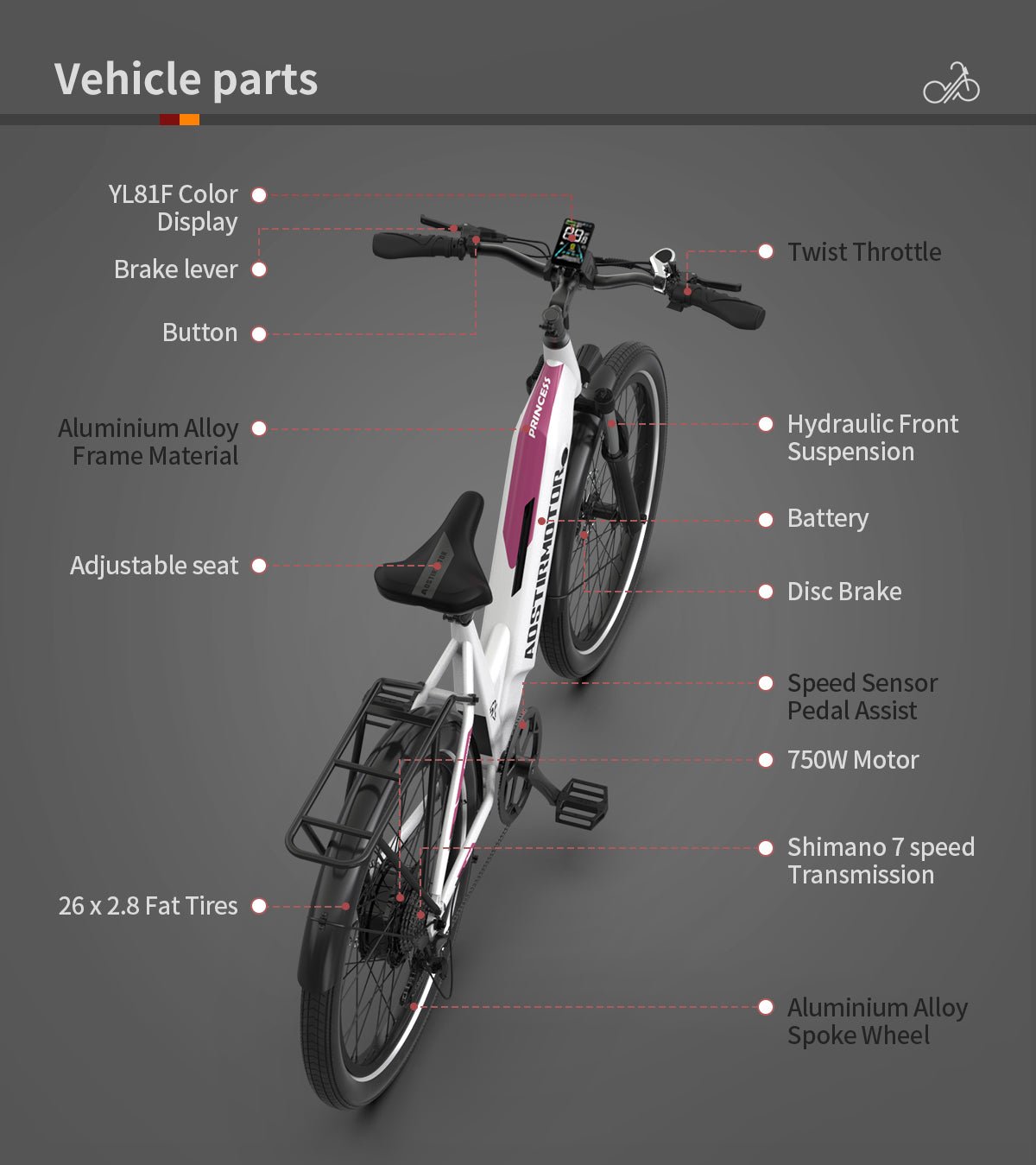 AOSTIRMOTOR new pattern 26" 750W Electric Bike Fat Tire 52V15AH Removable Lithium Battery for Adults - W1155106318 - Home Elegance USA - 10