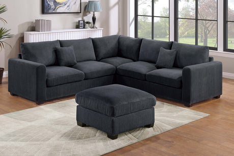 Modern Style L-Shaped 4pc Sectional Set Cocktail Ottoman Square Arms Throw Pillow Corduroy Upholstered Black Finish Primary Living Room - sold by Home Elegance USA