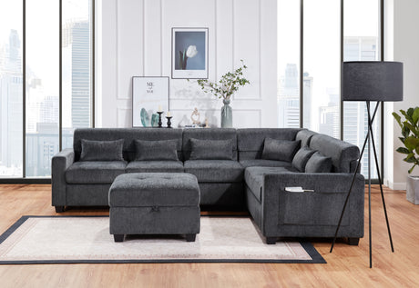Trey 115'W Gray Chenille Sectional Sofa with Adjustable Backrest, Charging Ports, Pockets, Tufting, Storage Ottoman, Throw Pillows - sold by Home Elegance USA