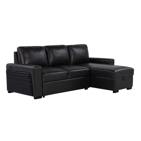 Montero Charcoal-Black Complete Sofabed with Pull-Out Bed, Wood Frame, Semi-Firm Seating, Drop-Down Table, USB and Cup Holders, Storage Chaise - sold by Home Elegance USA
