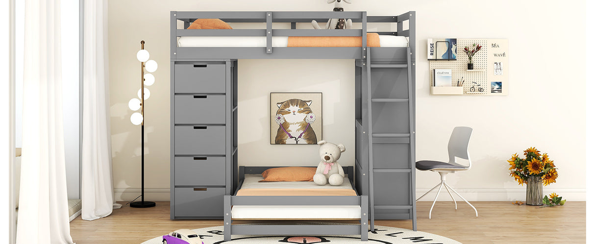 Twin over Twin Bunk Bed with LED Light and USB Ports, Gray - Home Elegance USA