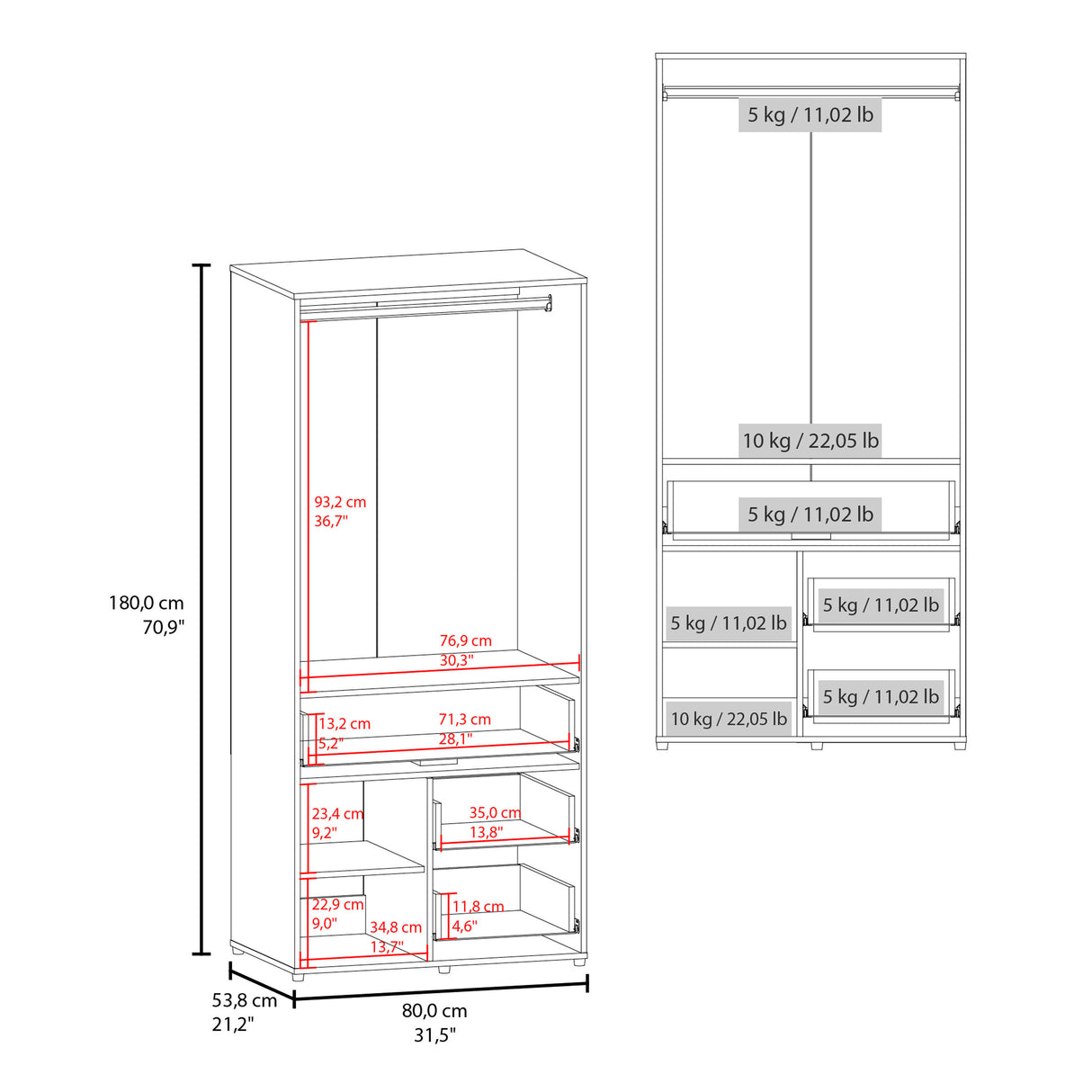 Armoire 70.90' H, 2 Doors, 3 Drawers, 2 Shelves, 6 Legs, White - Bedroom - sold by Home Elegance USA
