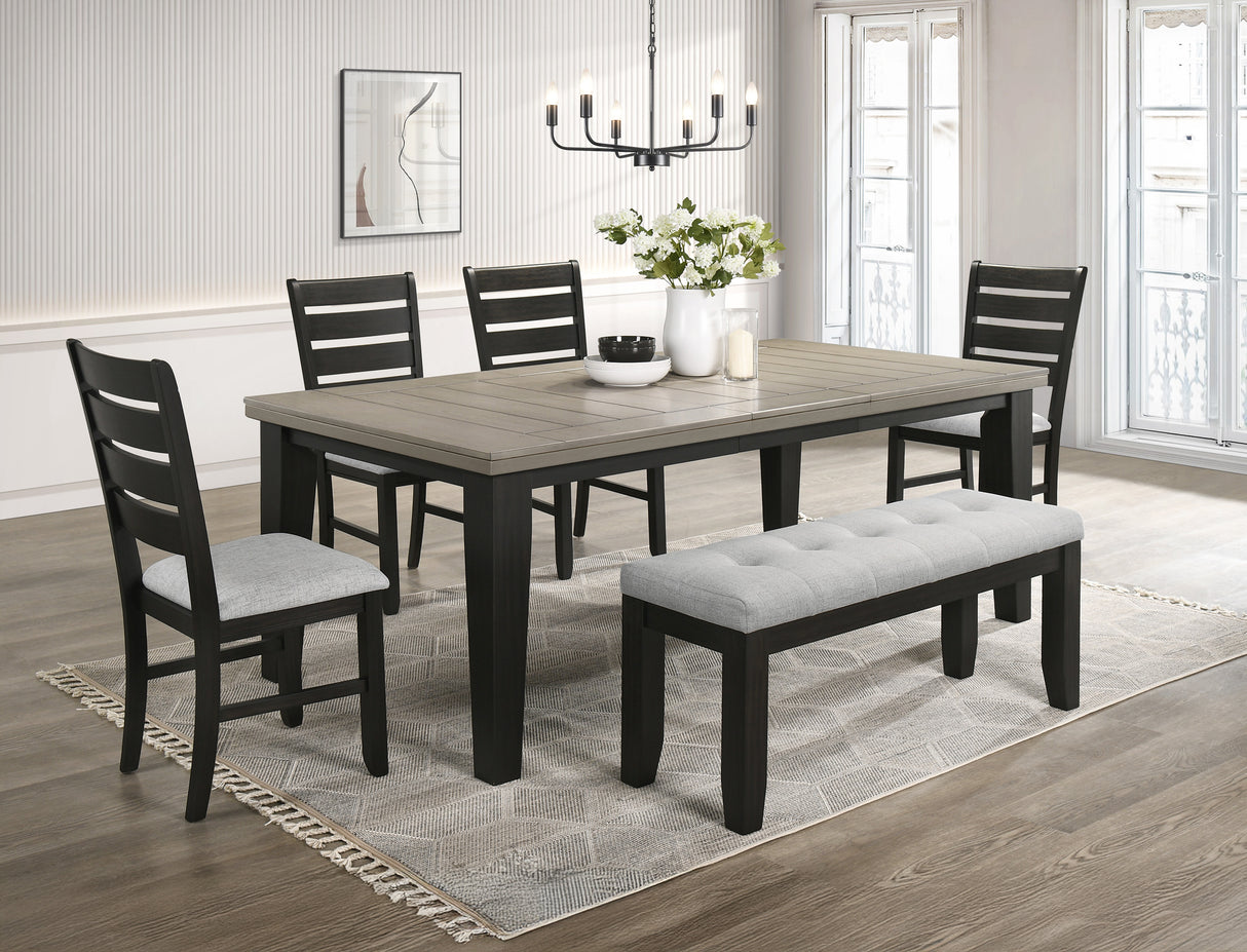 Juego de comedor contemporáneo de 6 piezas, mesa extensible de 18 pies, sillas tapizadas en tela gris claro, banco, acabado gris oscuro, muebles de comedor de madera maciza.