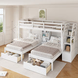 Twin over Twin&Twin Bunk Bed, Triple Bunk Bed with Drawers, Staircase with Storage, Built-in Shelves, White - sold by Home Elegance USA