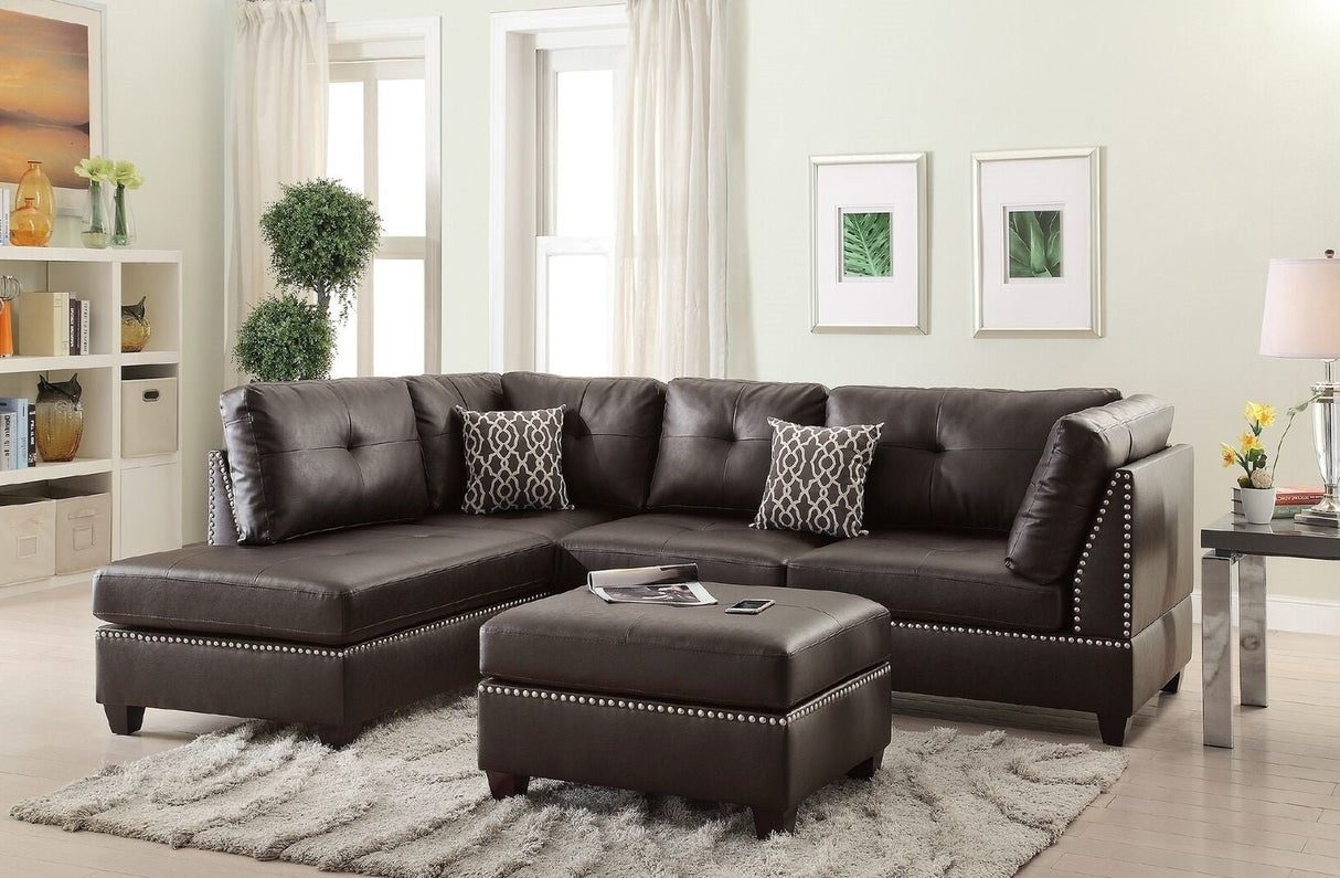 3 - pcs Sectional Sofa Espresso Bonded Leather Cushion Sofa Chaise Ottoman Reversible Couch Pillows | Home Elegance USA