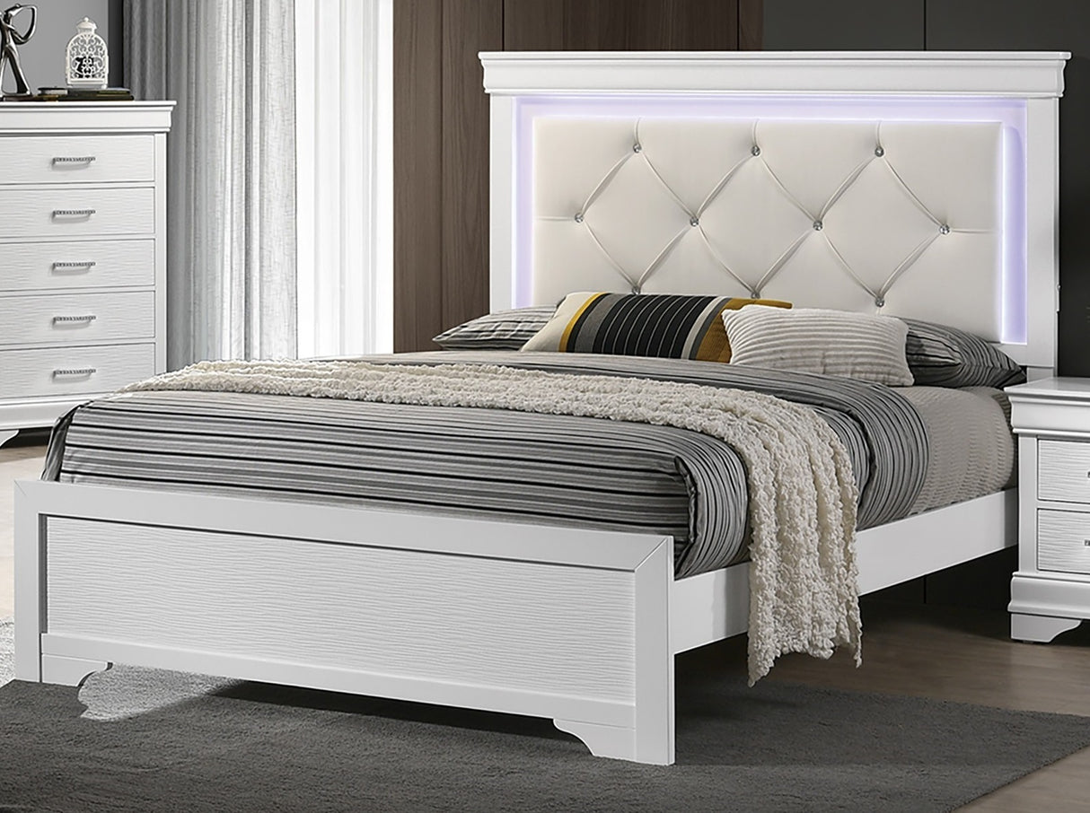 White Faux Leather Tufted Headboard 1pc Queen Size Bed w LED Bedroom Furniture White Unique Texture FB Solid wood