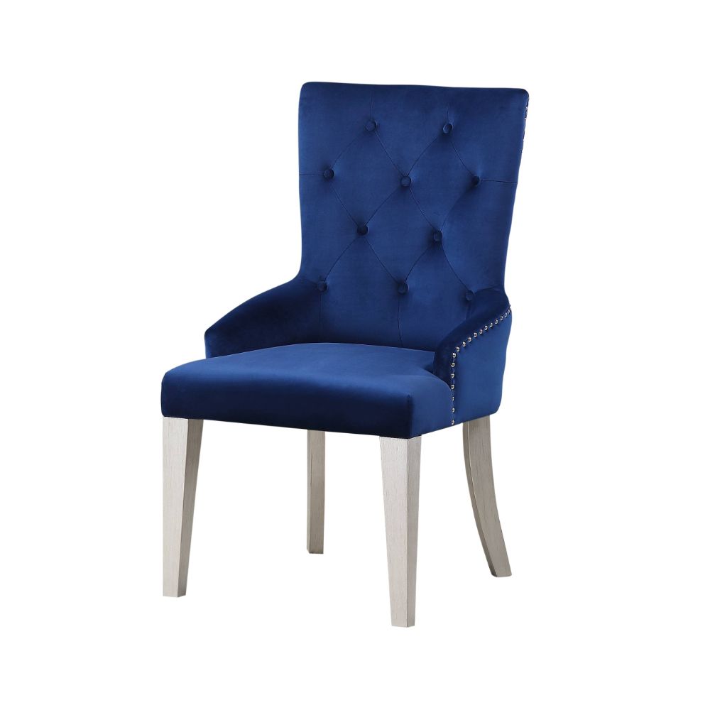 Acme - Varian Side Chair 66162 Blue Fabric & Antique Platinum Finish