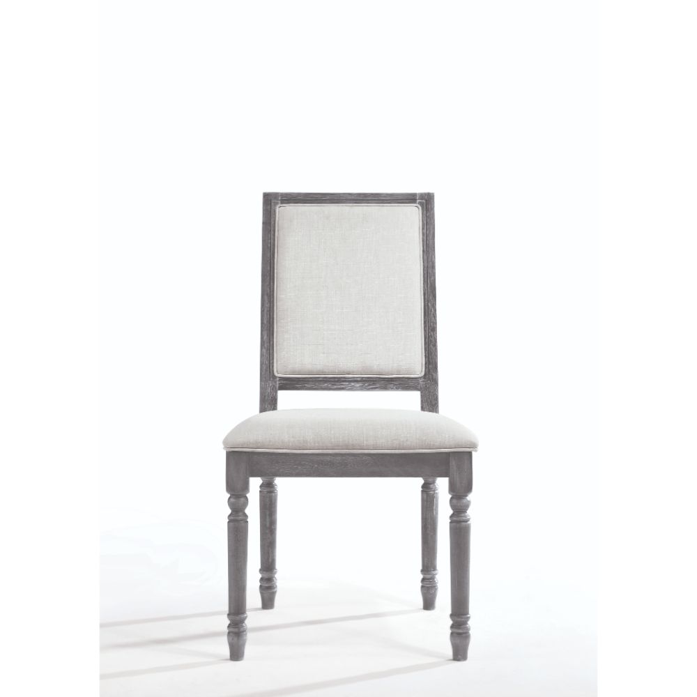 Acme - Leventis Side Chair (Set-2) 66182 Cream Linen & Weathered Gray Finish