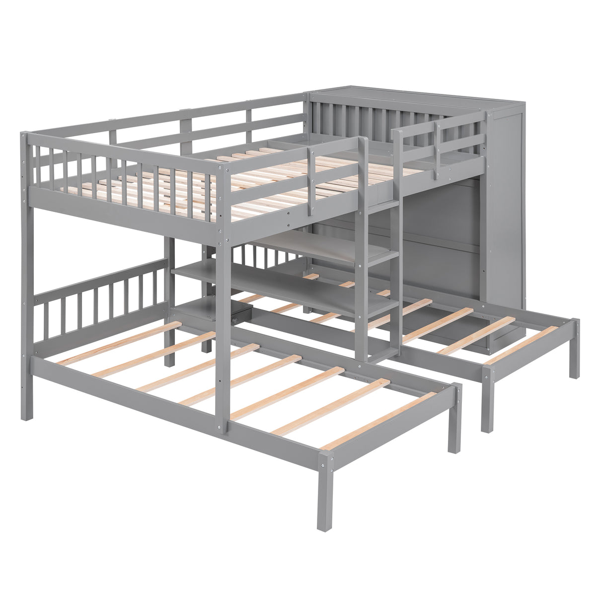 Full-Over-Twin-Twin Bunk Bed with Shelves, Wardrobe and Mirror, Gray - Home Elegance USA