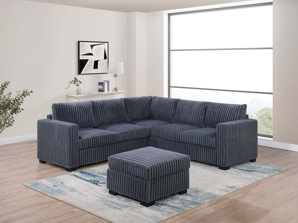 Beautiful 4-Piece Sectional Set W/ Ottoman Dark Gray One Arm Loveseat Corner Wedge Corduroy Upholstered Plush Couch