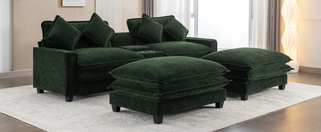 Chenille Upholstered 111' Sectional Sofa with Two Removable Ottomans, USB Ports, Cup Holders, and Storage, Green - sold by Home Elegance USA