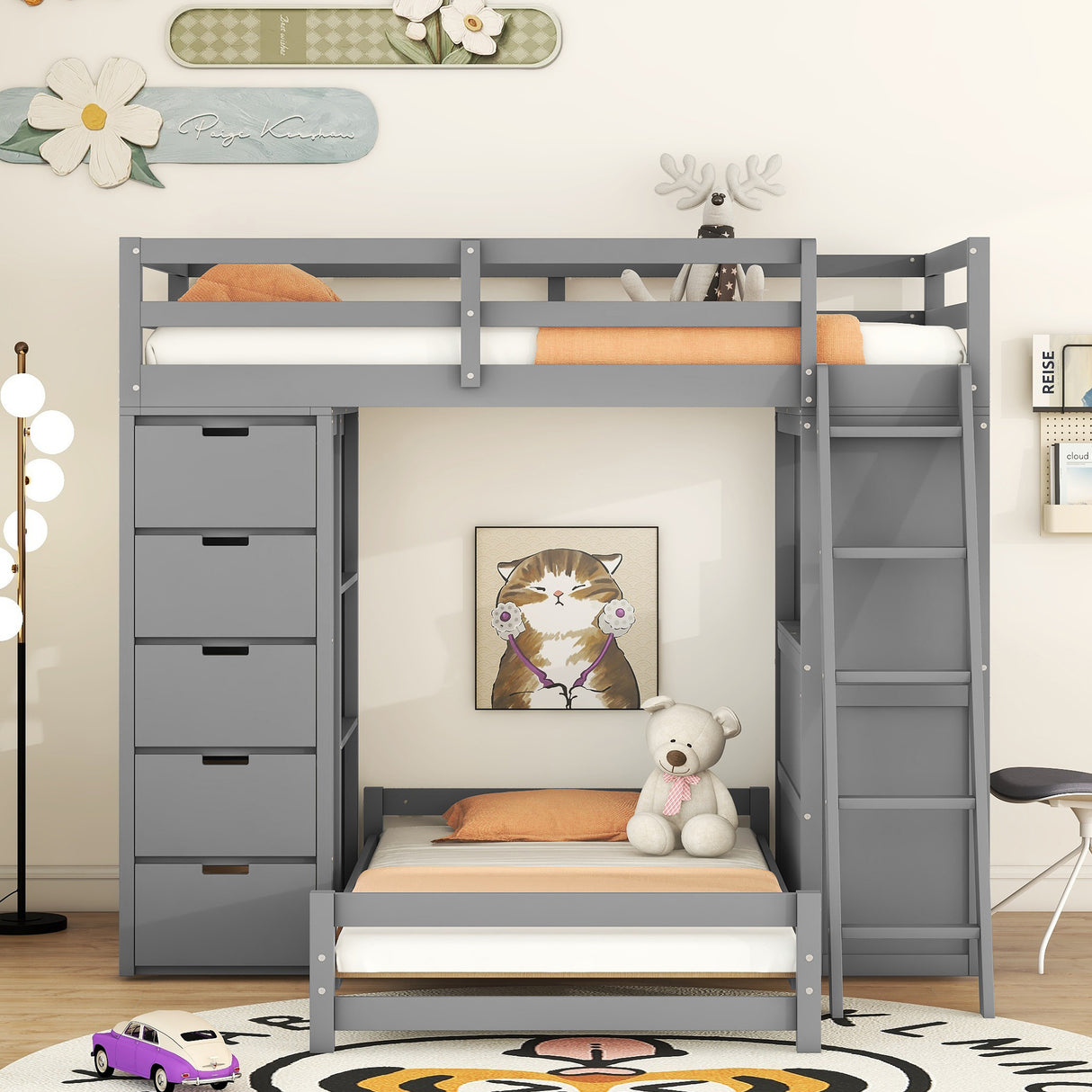 Twin over Twin Bunk Bed with LED Light and USB Ports, Gray - Home Elegance USA