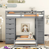 Twin over Twin Bunk Bed with LED Light and USB Ports, Gray - Home Elegance USA