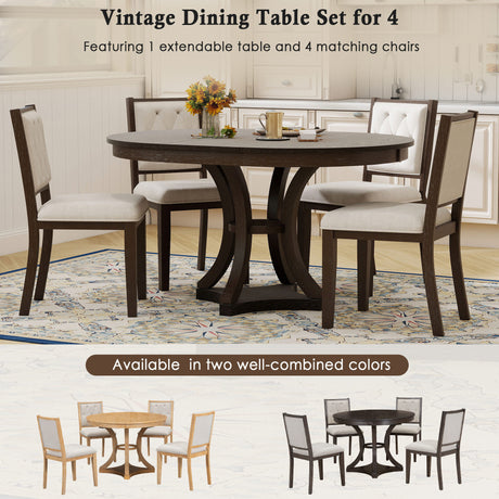 TREXM 5-Piece Retro Functional Dining Table Set Extendable Round Table and 4 Upholstered Chairs for Dining Room and Living Room (Espresso) - sold by Home Elegance USA