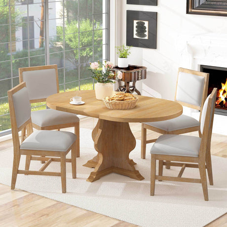 TREXM Farmhouse 5-Piece Dining Table Set with 4 Upholstered Chairs, Wood Extendable Dining Table with 15.7' Leaf for Extra Seating for Dining Room, Kitchen and Living Room (Natural Wood Wash) - sold by Home Elegance USA