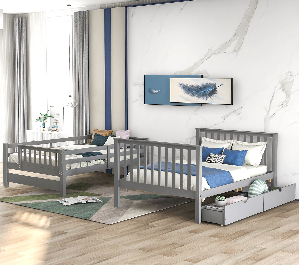Full Over Full Bunk Bed with Shelves and 6 Storage Drawers, Gray(Old SKU:LT000046AAE) - sold by Home Elegance USA