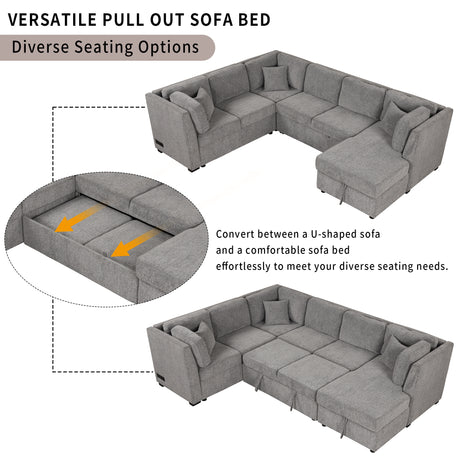 U-shaped Sectional Sofa Pull out Sofa Bed with USB Ports, Power Sockets, Storage Chaise, Light Gray Chenille, 108.6' - sold by Home Elegance USA