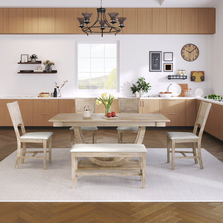 TOPMAX Modern Style Natural Wood 6-Piece Dining Table Set with Bench and Chairs, Upholstered Seats, Rubberwood Frame - sold by Home Elegance USA