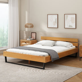 Pine Wood Bed Frame Queen Size, Natural & Black Color