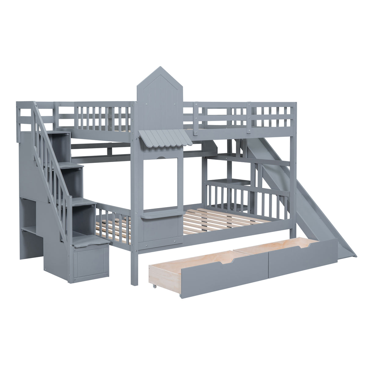 Full-Over-Full Castle Style Bunk Bed with 2 Drawers 3 Shelves and Slide - Gray(OLD SKU:LT000558AAE-2) - sold by Home Elegance USA