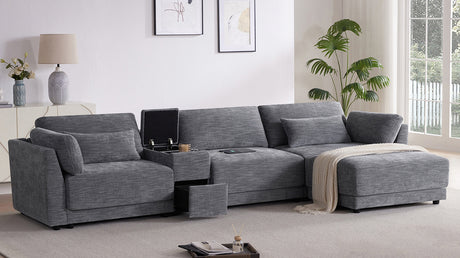 124'' L-Shaped Sectional Sofa with Multi-Functional Storage Console, Wired&Wireless Charger, Movable Ottoman, Wider&Thicker Cushion, Free Combination for Living Room&Apartment, Chenille - sold by Home Elegance USA