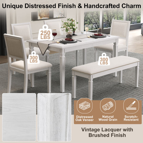 TREXM Vintage Extendable Dining Table Set for 6 with 4 Chairs & Bench, 59 to 72-Inch Rustic Farmhouse Kitchen Table Set with Distressed Finish and Retro Carved Legs (Washed White) - sold by Home Elegance USA