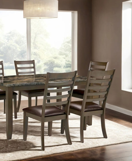 Simple Classic Brown 7pc Dining Set Faux Marble Top Dining Table 6xSide Chairs Leatherette Seats Dining Room Furniture - sold by Home Elegance USA