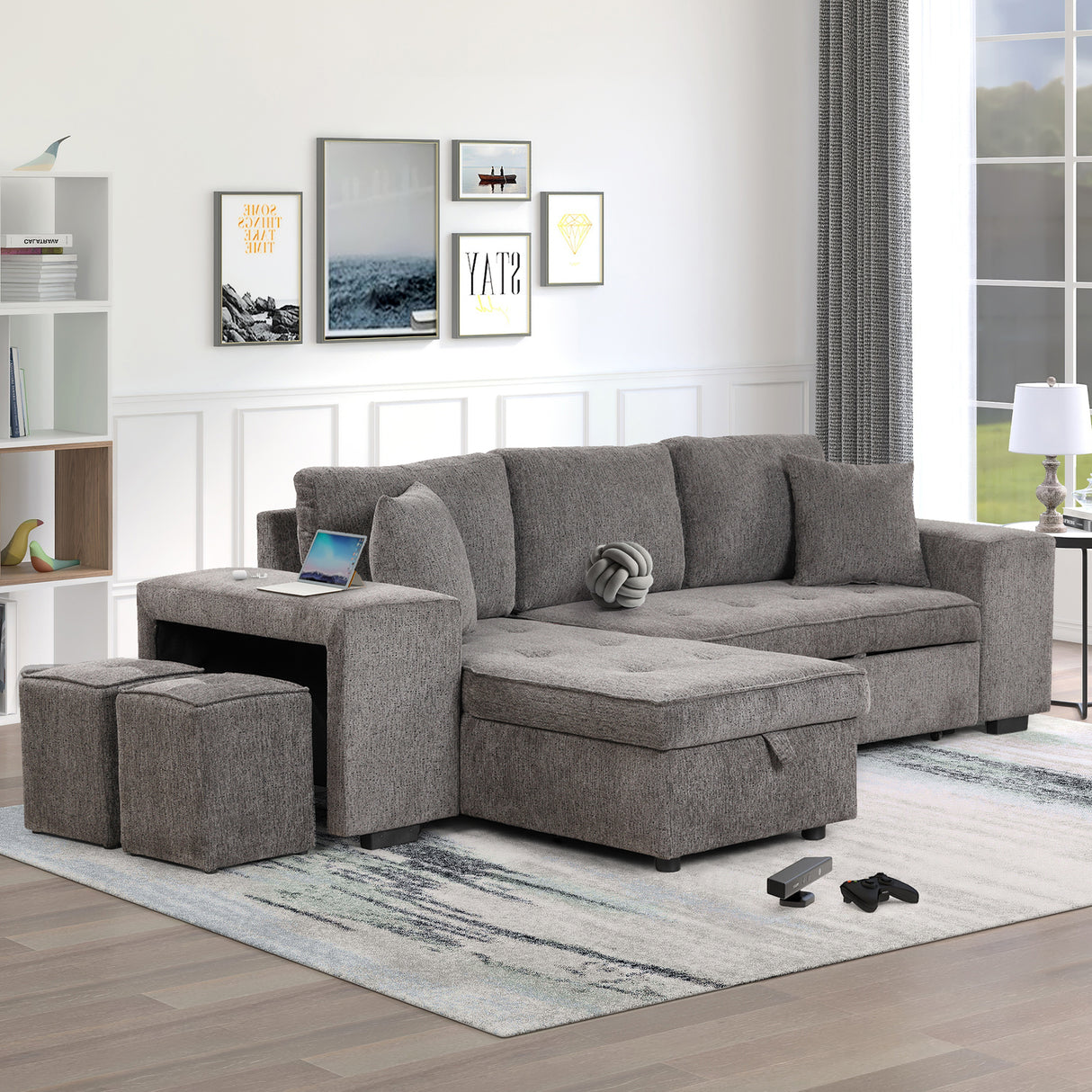 104.5' Modern L-Shape 3 Seat Reversible Sectional Couch, Pull Out Sleeper Sofa with Storage Chaise and 2 Stools for Living Room Furniture Set,Knox Charcoal (old sku:SG000431AAA)