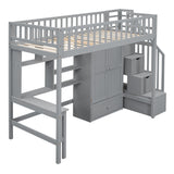 Twin size Loft Bed with Bookshelf,Drawers,Desk,and Wardrobe-Gray - Home Elegance USA