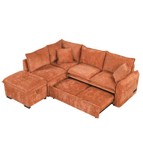 Convertible L-shaped Sofa Bed with Storage Ottoman, Power Sockets & USB Ports, Orange Chenille, 82.67' - sold by Home Elegance USA