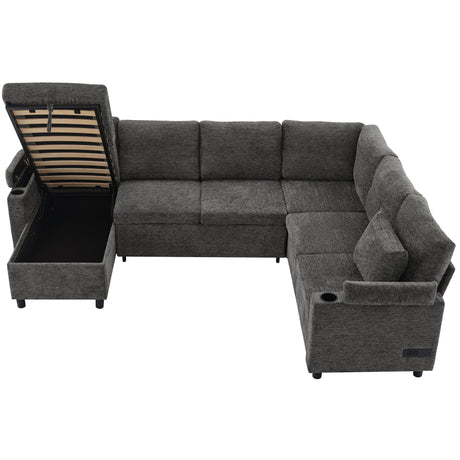 Versatile U-Shaped Sectional Sofa Bed with Storage, Cup Holders, Charging Ports in Grey Chenille - sold by Home Elegance USA