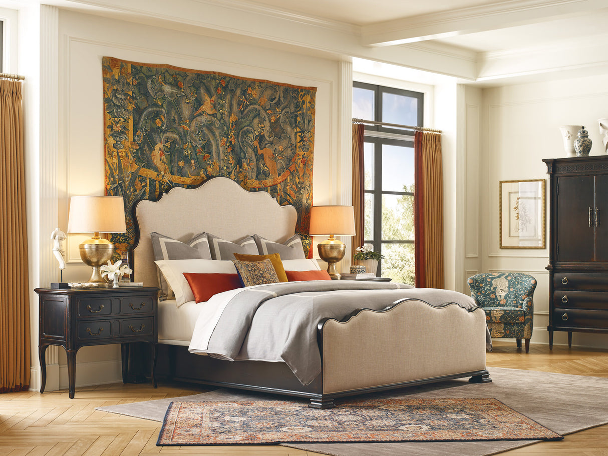 Charleston Upholstered Bed by Hooker Furniture in Cherry Veneers & Chateau Linen Fabric