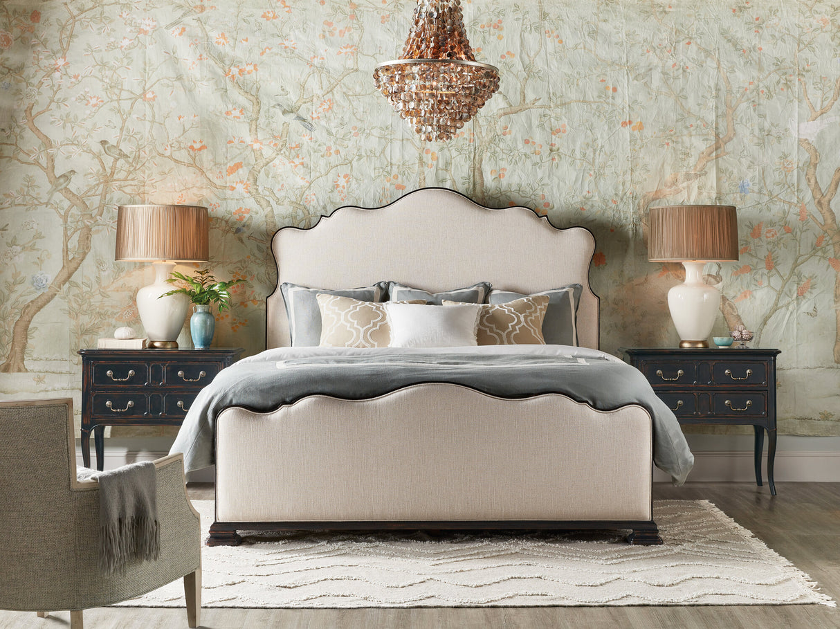 Charleston Upholstered Bed by Hooker Furniture in Cherry Veneers & Chateau Linen Fabric