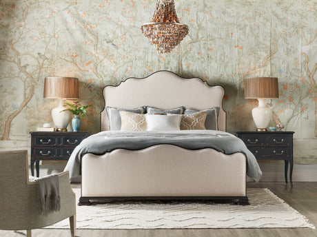 Charleston Upholstered Bed by Hooker Furniture in Cherry Veneers & Chateau Linen Fabric