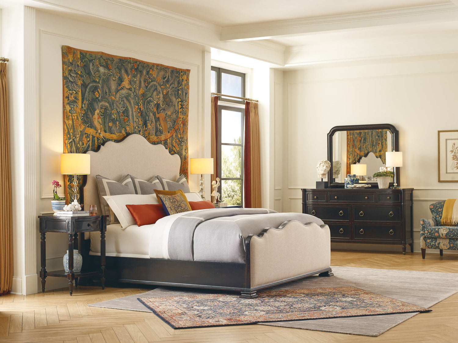 Charleston Upholstered Bed by Hooker Furniture in Cherry Veneers & Chateau Linen Fabric