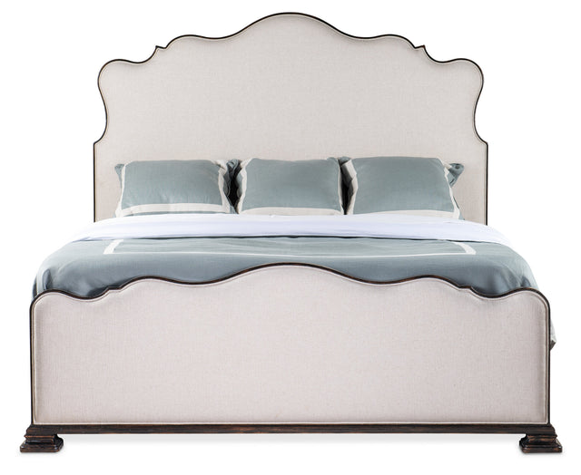 Charleston Upholstered Bed by Hooker Furniture in Cherry Veneers & Chateau Linen Fabric