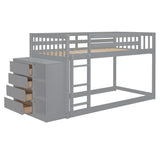Modern Twin over Twin Bunk Bed with 4 Drawers and 3 Shelves in Gray Solid Wood