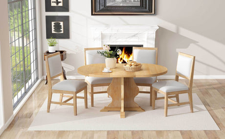 TREXM Farmhouse 5-Piece Dining Table Set with 4 Upholstered Chairs, Wood Extendable Dining Table with 15.7' Leaf for Extra Seating for Dining Room, Kitchen and Living Room (Natural Wood Wash) - sold by Home Elegance USA