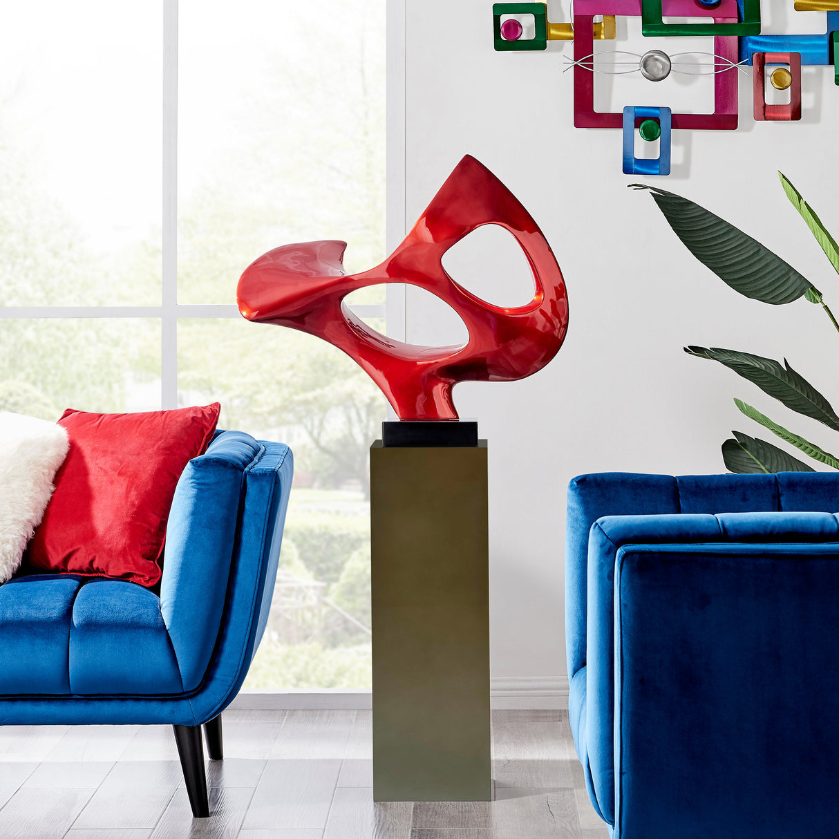 Abstract Mask 54" Tall Floor Sculpture // Metallic Red With Gray Stand  | Finesse