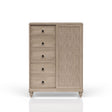 Sand Finish 5 Drawer Door Chest with Sliding Door and Hanging Storage, Solid Wood and MDF, 44x18x61 inches