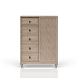 Sand Finish 5 Drawer Door Chest with Sliding Door and Hanging Storage, Solid Wood and MDF, 44x18x61 inches